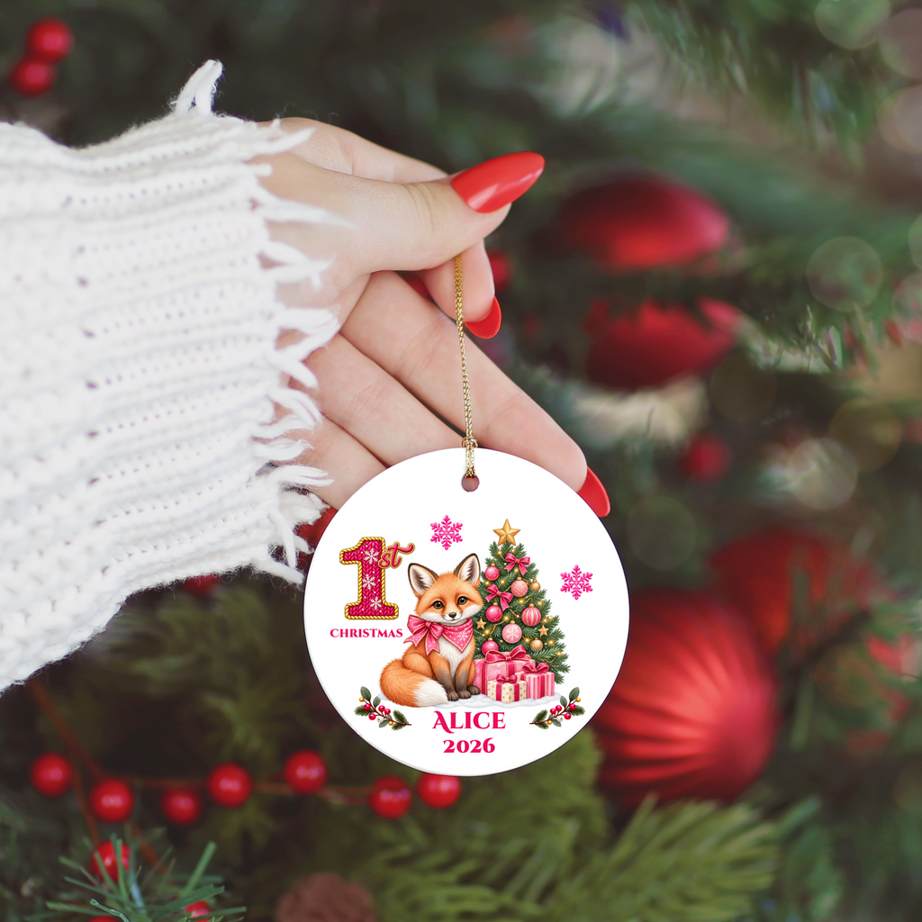 Fox Baby Personalized Christmas Ornament, Baby's 1st 2nd 3rd Christmas, Custom Name Year Ceramic Keepsake