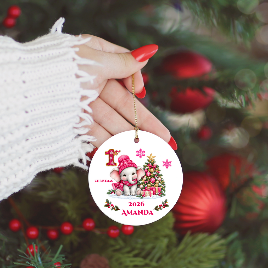 Elephant Baby Personalized Christmas Ornament, Baby's 1st 2nd 3rd Christmas, Custom Name Year Ceramic Keepsake, Girl Gift