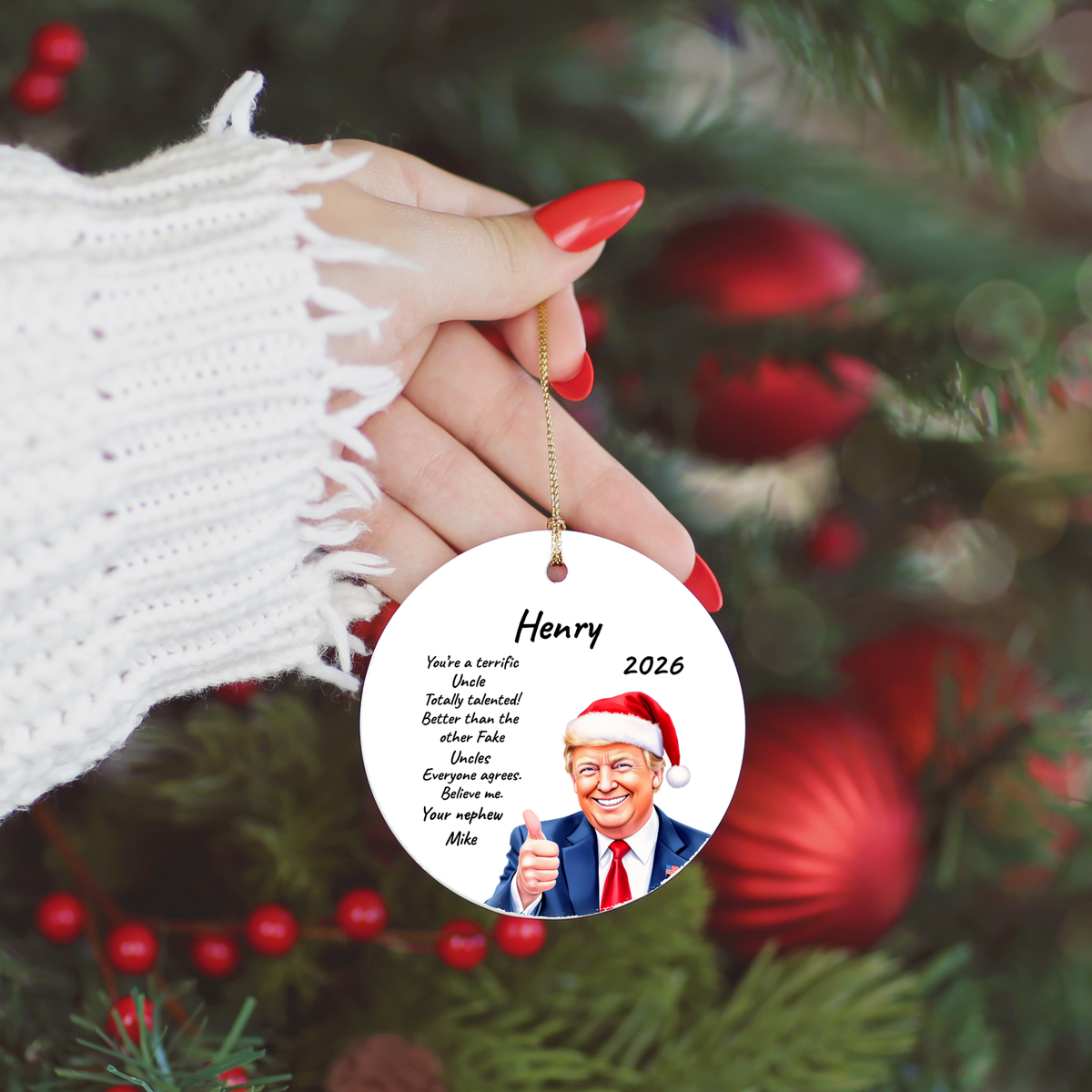 Personalized Trump Christmas Ornament, Funny Santa Hat Trump Gift, Custom Name Year and Relationship, 3 Inch Ceramic Holiday Keepsake
