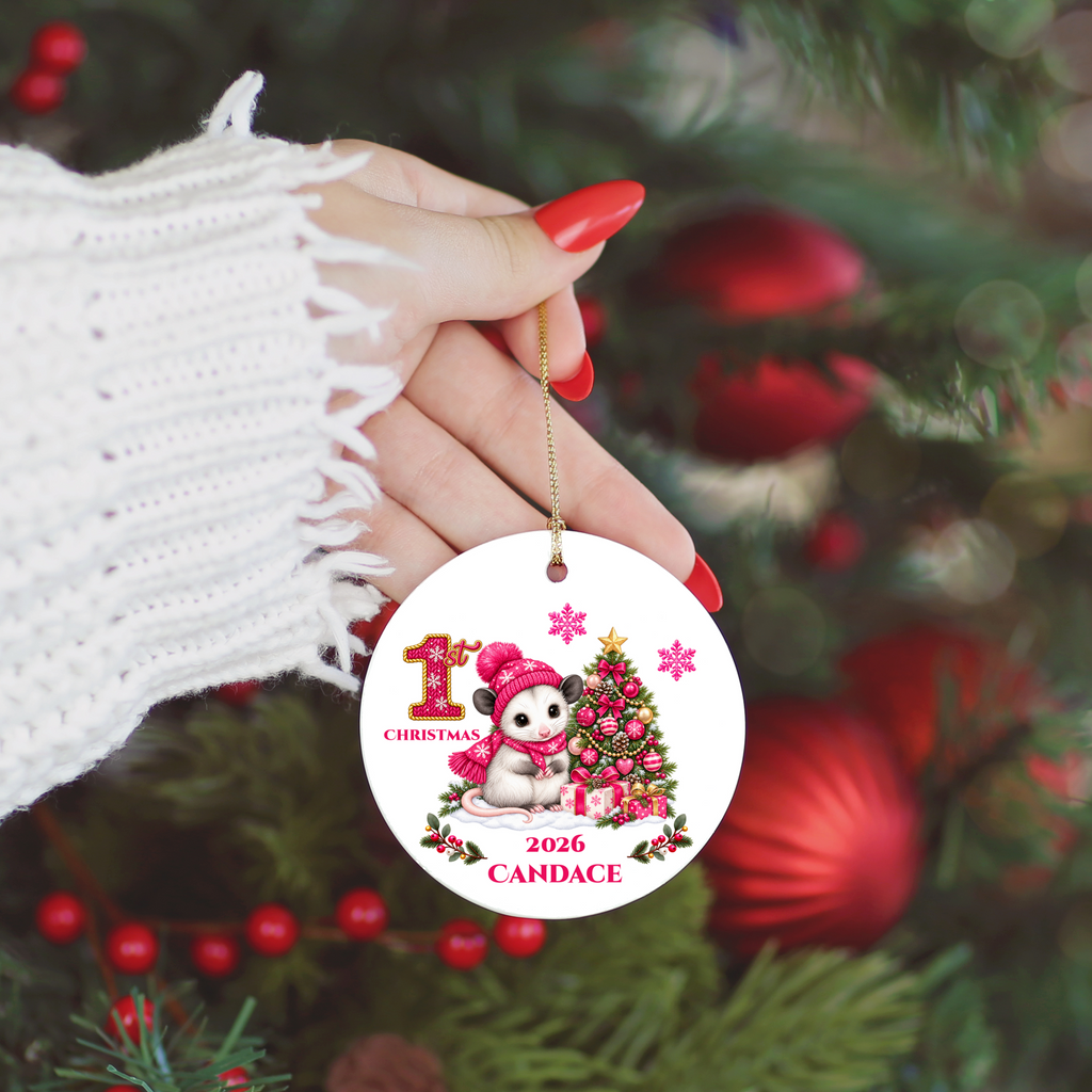 Opossum Baby Personalized Christmas Ornament, Baby's 1st 2nd 3rd Christmas, Custom Name Year Ceramic Keepsake, Boy Gift