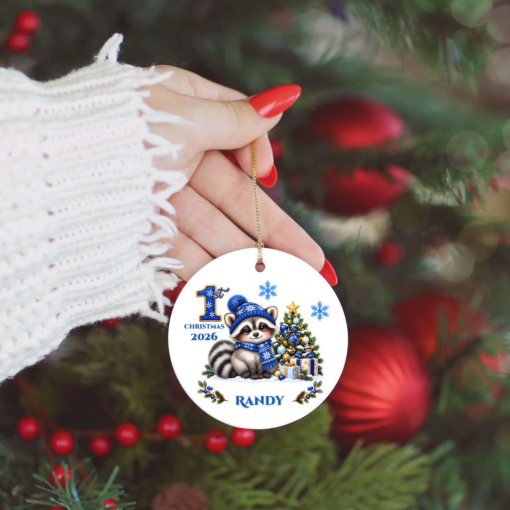 Christmas Raccoon Ornament, Woodland Animal Holiday Decor, Blue Winter Tree Ornament, Cute Wildlife Gift, Ceramic Tree Decoration 3 Inch