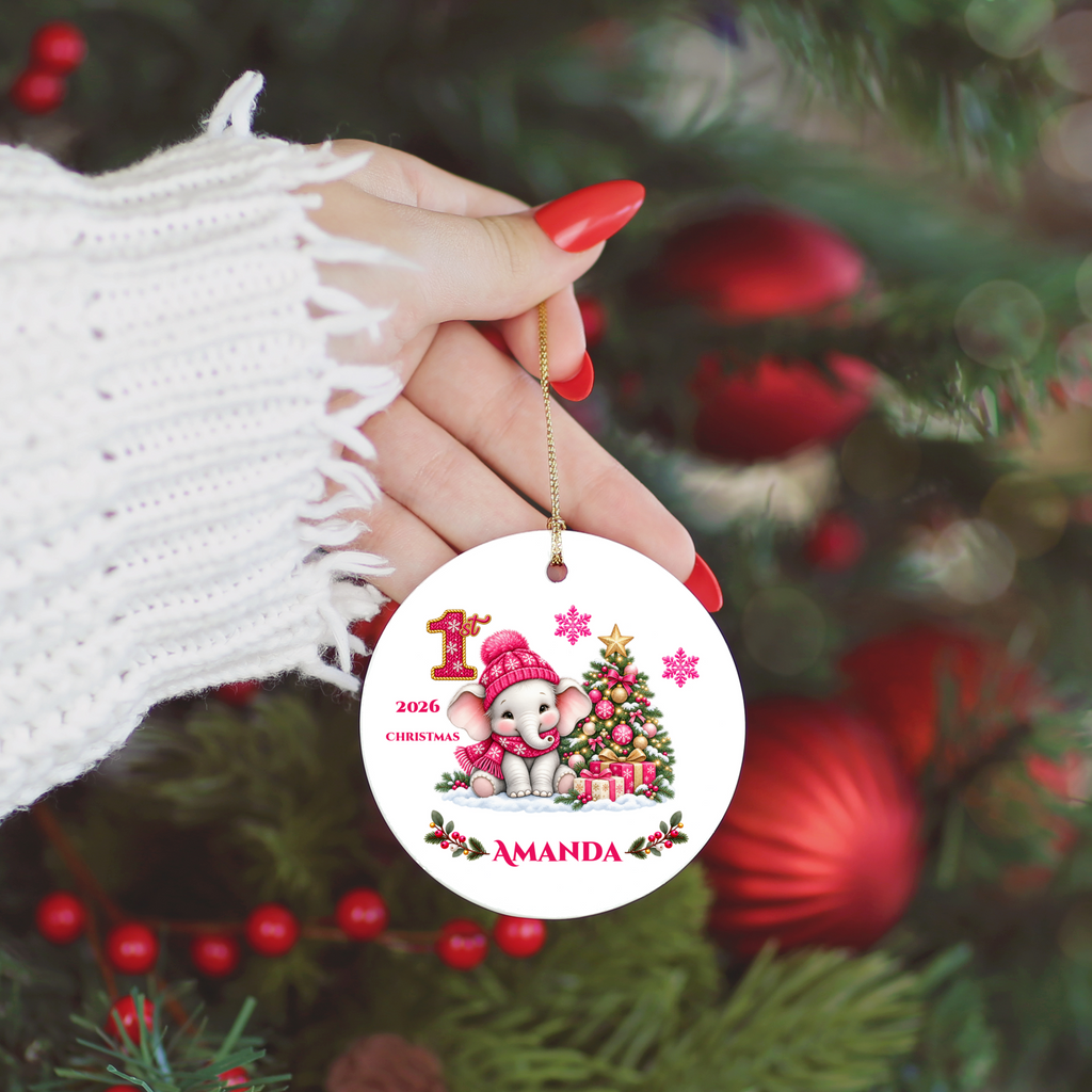 Elephant Baby Personalized Christmas Ornament Pink, Baby's 1st 2nd 3rd Christmas, Custom Name Year Ceramic Keepsake, Girl Gift
