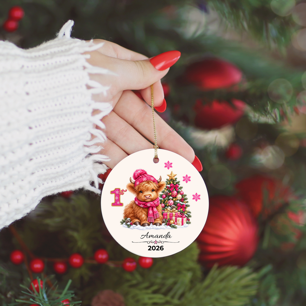 Personalized Christmas Ornament – Pink Girl Highland Cow First, Second, Third Christmas 2026, Custom Name Keepsake, 3 Inch Ceramic Holiday Decor