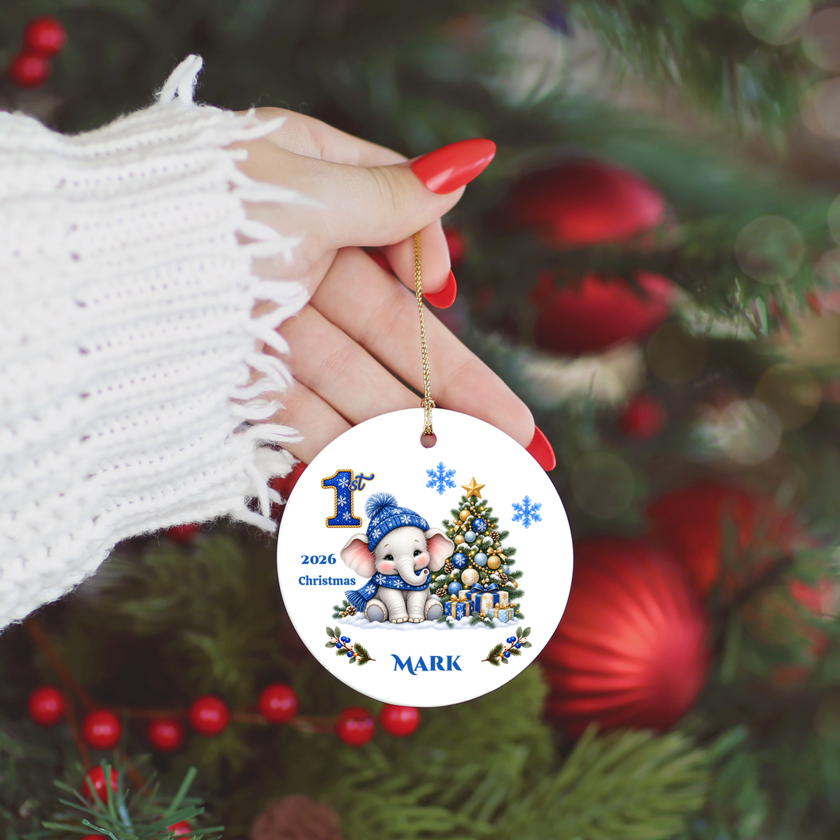 Elephant Baby Personalized Christmas Ornament Blue, Baby's 1st 2nd 3rd Christmas, Custom Name Year Ceramic Keepsake, Girl Gift