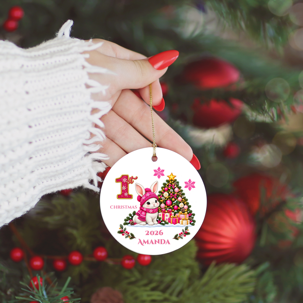Baby Bunny Personalized Christmas Ornament. Baby's 1st 2nd 3rd Christmas, Custom Name Year Ceramic Keepsake, Girl Gift