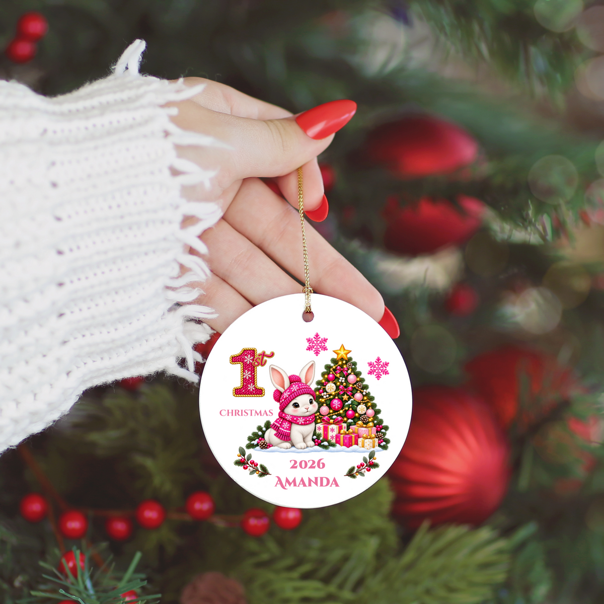 Baby Bunny Personalized Christmas Ornament. Baby's 1st 2nd 3rd Christmas, Custom Name Year Ceramic Keepsake, Girl Gift
