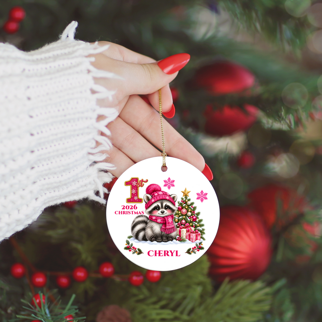 Baby Raccoon Personalized Christmas Ornament, First Christmas Keepsake, Pink Winter Animal Ceramic Tree Decoration, New Baby Gift 2026