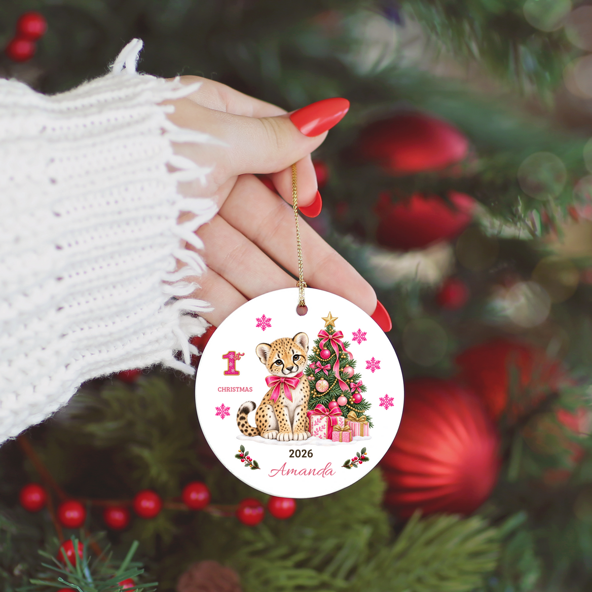 Personalized Baby Girl Cheetah Christmas Ornament, Baby's First Christmas, 1st–10th Year Keepsake, Custom Name and Year, Pink or Blue