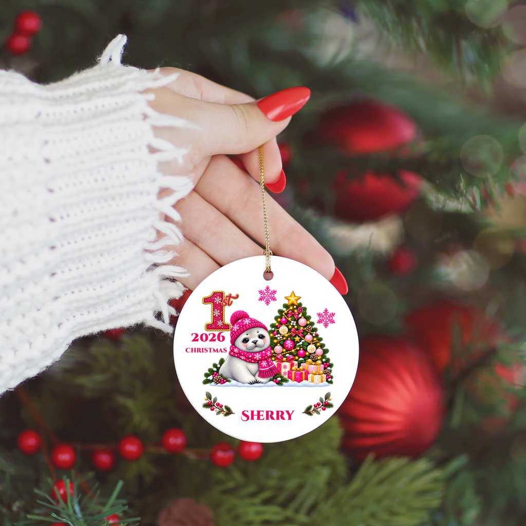 Baby Seal Pup Personalized Christmas Ornament, Custom Name Year Ceramic Keepsake, Baby’s 1st 2nd 3rd Christmas, Girl Gift