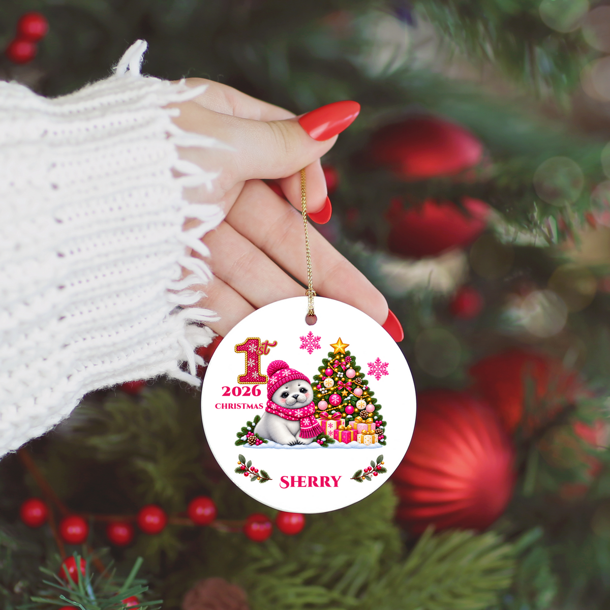 Baby Seal Pup Personalized Christmas Ornament, Custom Name Year Ceramic Keepsake, Baby’s 1st 2nd 3rd Christmas, Girl Gift