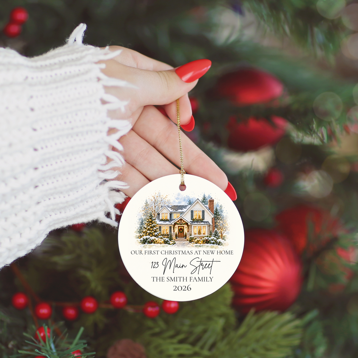 Custom House Photo Christmas Ornament, Personalized First Christmas in New Home, Watercolor House Portrait, Address Family Name Ceramic Gift