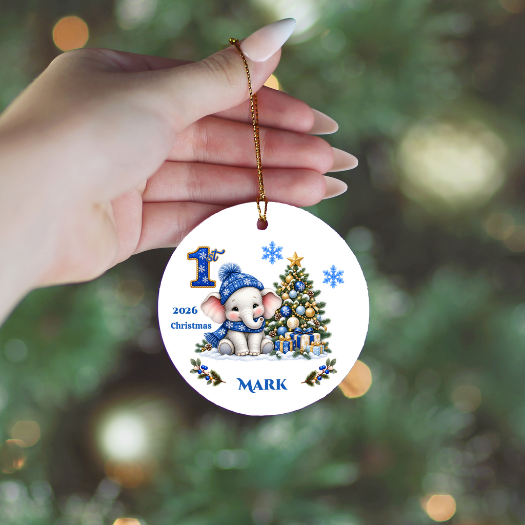 Elephant Baby Personalized Christmas Ornament Blue, Baby's 1st 2nd 3rd Christmas, Custom Name Year Ceramic Keepsake, Girl Gift