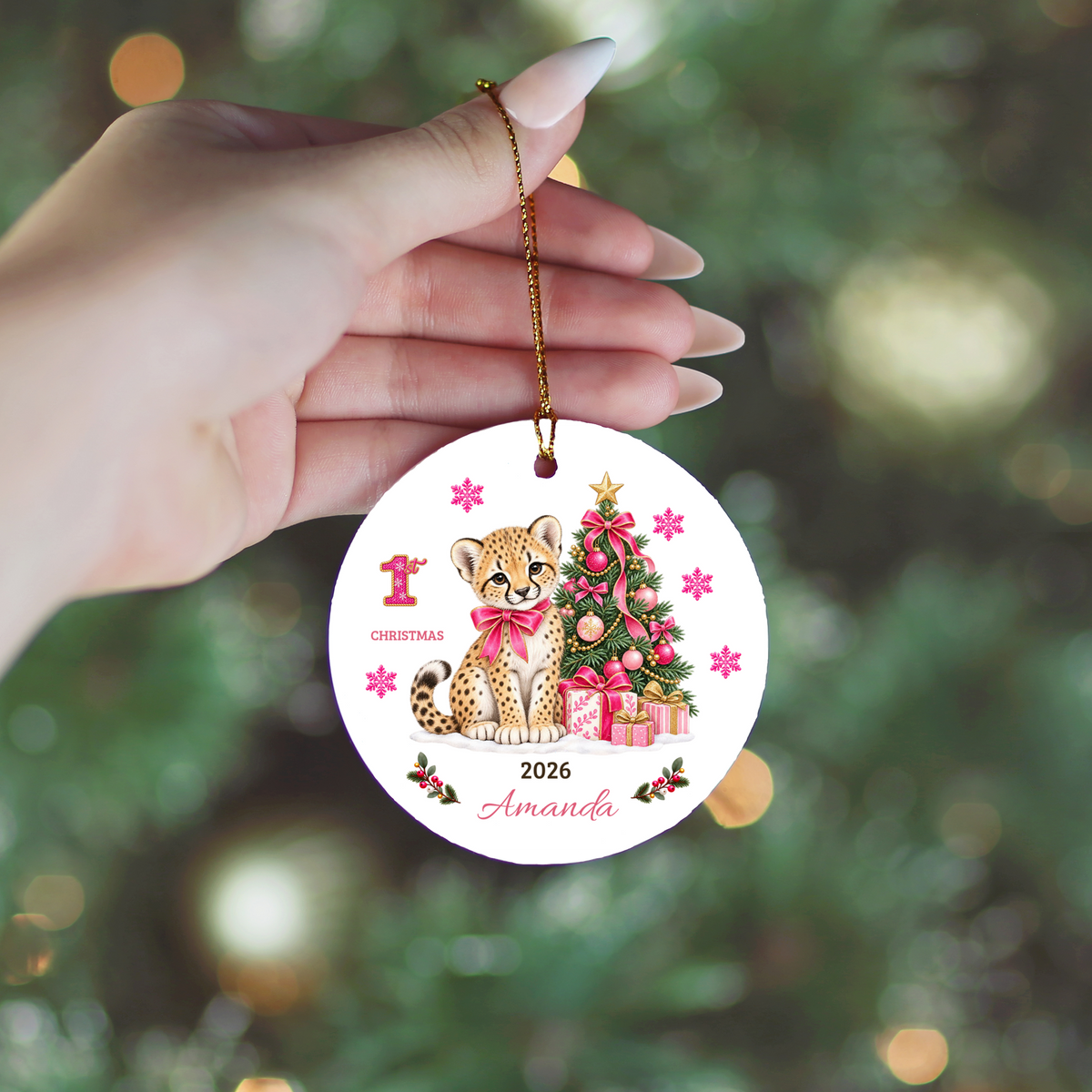 Personalized Baby Girl Cheetah Christmas Ornament, Baby's First Christmas, 1st–10th Year Keepsake, Custom Name and Year, Pink or Blue
