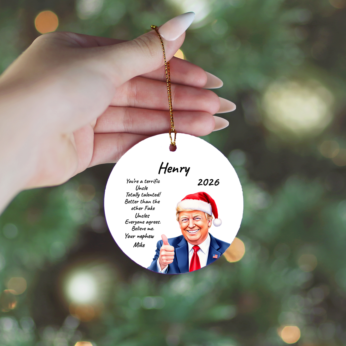 Personalized Trump Christmas Ornament, Funny Santa Hat Trump Gift, Custom Name Year and Relationship, 3 Inch Ceramic Holiday Keepsake