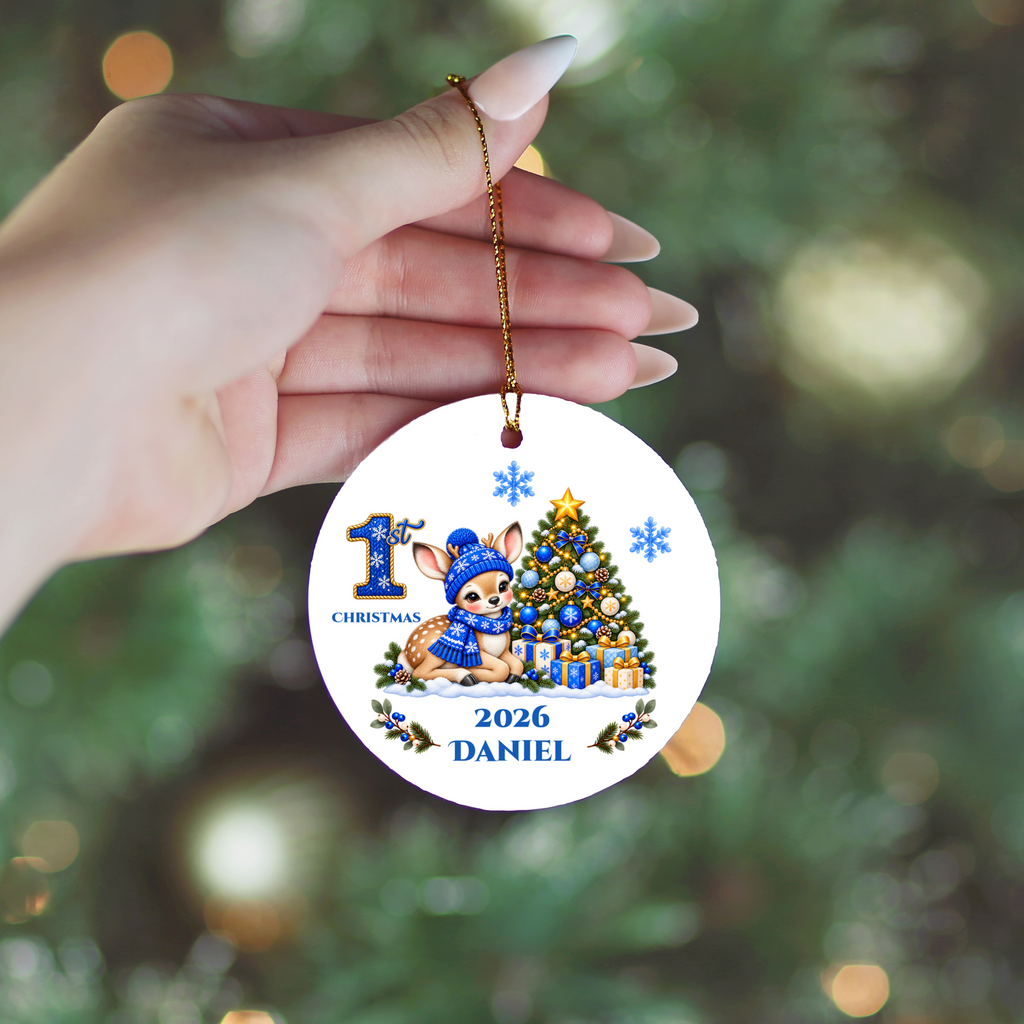Fawn Baby Personalized Christmas Ornament, Baby's 1st 2nd 3rd Christmas, Custom Name Year Ceramic Keepsake, Boy or Girl Gift