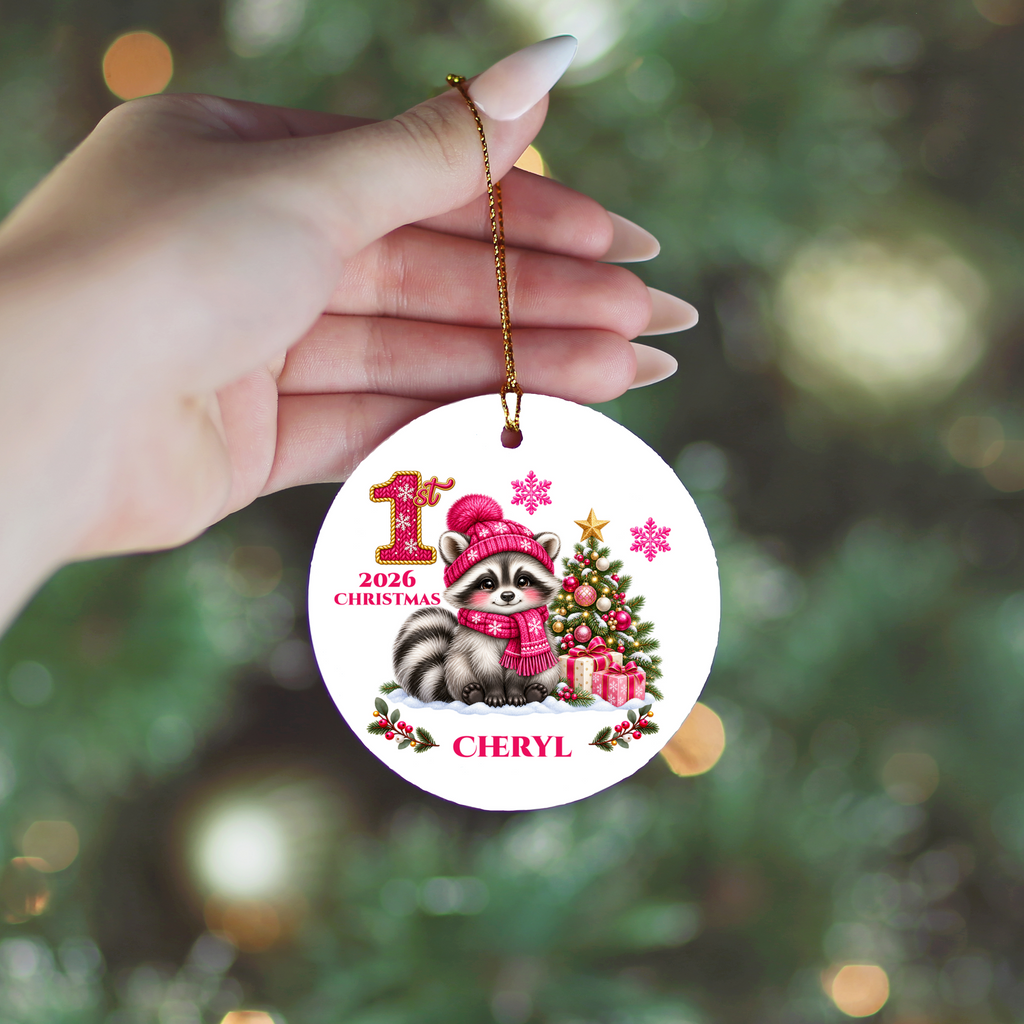Baby Raccoon Personalized Christmas Ornament, First Christmas Keepsake, Pink Winter Animal Ceramic Tree Decoration, New Baby Gift 2026