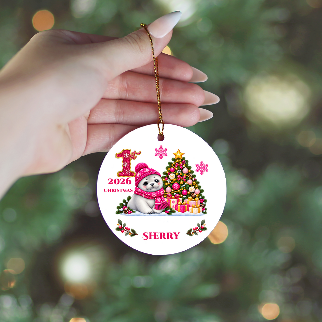 Baby Seal Pup Personalized Christmas Ornament, Custom Name Year Ceramic Keepsake, Baby’s 1st 2nd 3rd Christmas, Girl Gift
