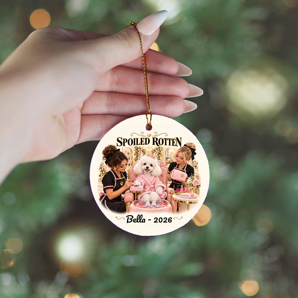 Personalized Pet Photo Christmas Ornament, Spoiled Rotten Dog Spa Ornament, Custom Dog or Cat Gift, Pet Name and Year, Ceramic Keepsake