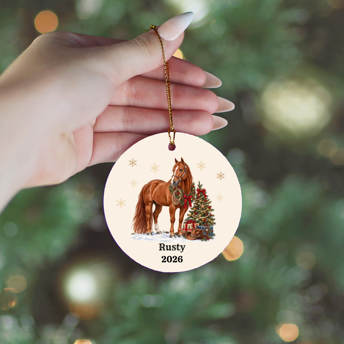 Personalized Horse Christmas Ornament, Custom Horse Photo Portrait, Western Cowboy Ceramic Ornament, Horse Name and Year, Equestrian Gift
