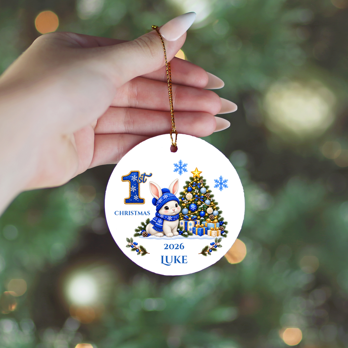 Baby Bunny Personalized Christmas Ornament. Baby's 1st 2nd 3rd Christmas, Custom Name Year Ceramic Keepsake, Girl Gift