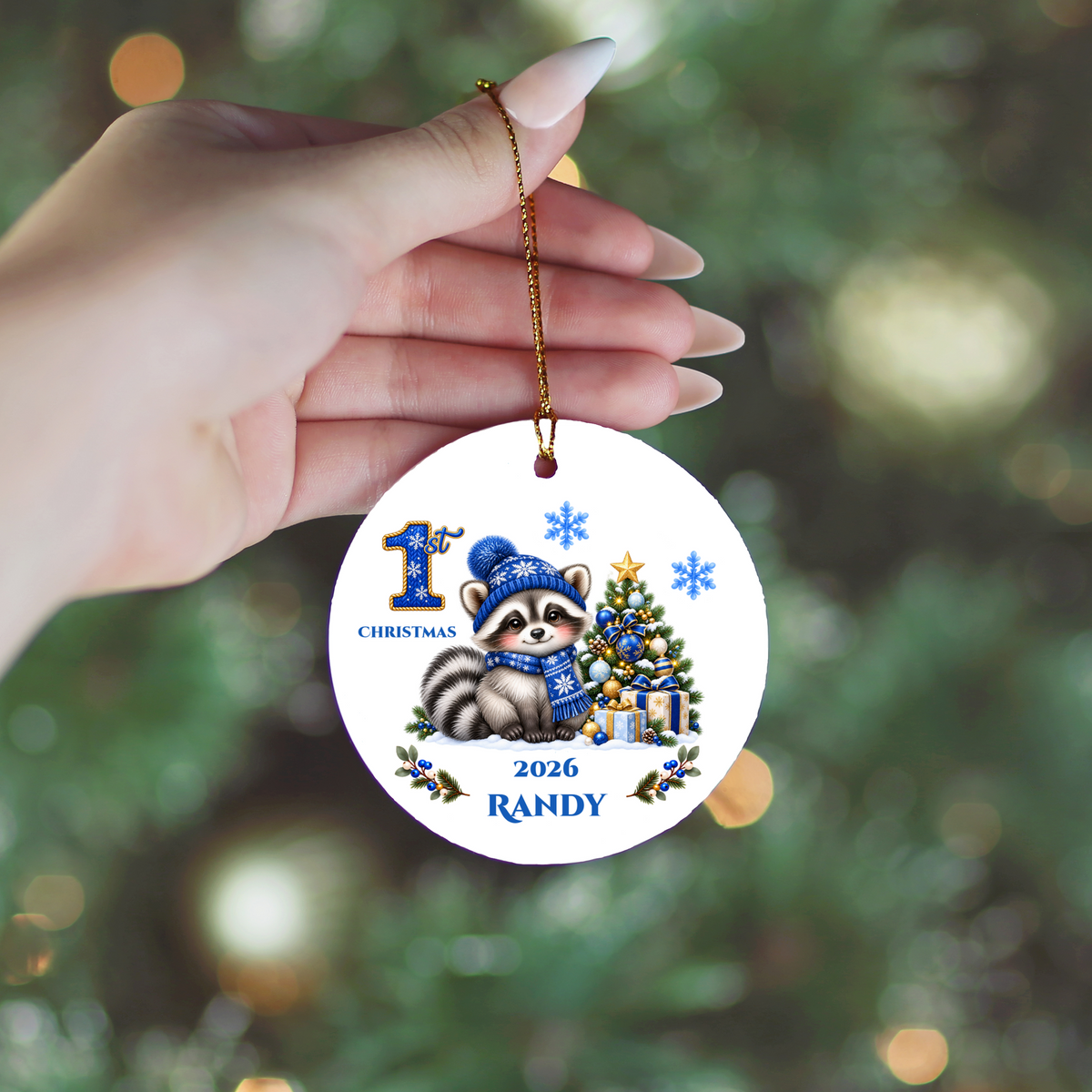 Baby Raccoon Personalized Christmas Ornament, First Christmas Keepsake, Pink Winter Animal Ceramic Tree Decoration, New Baby Gift 2026