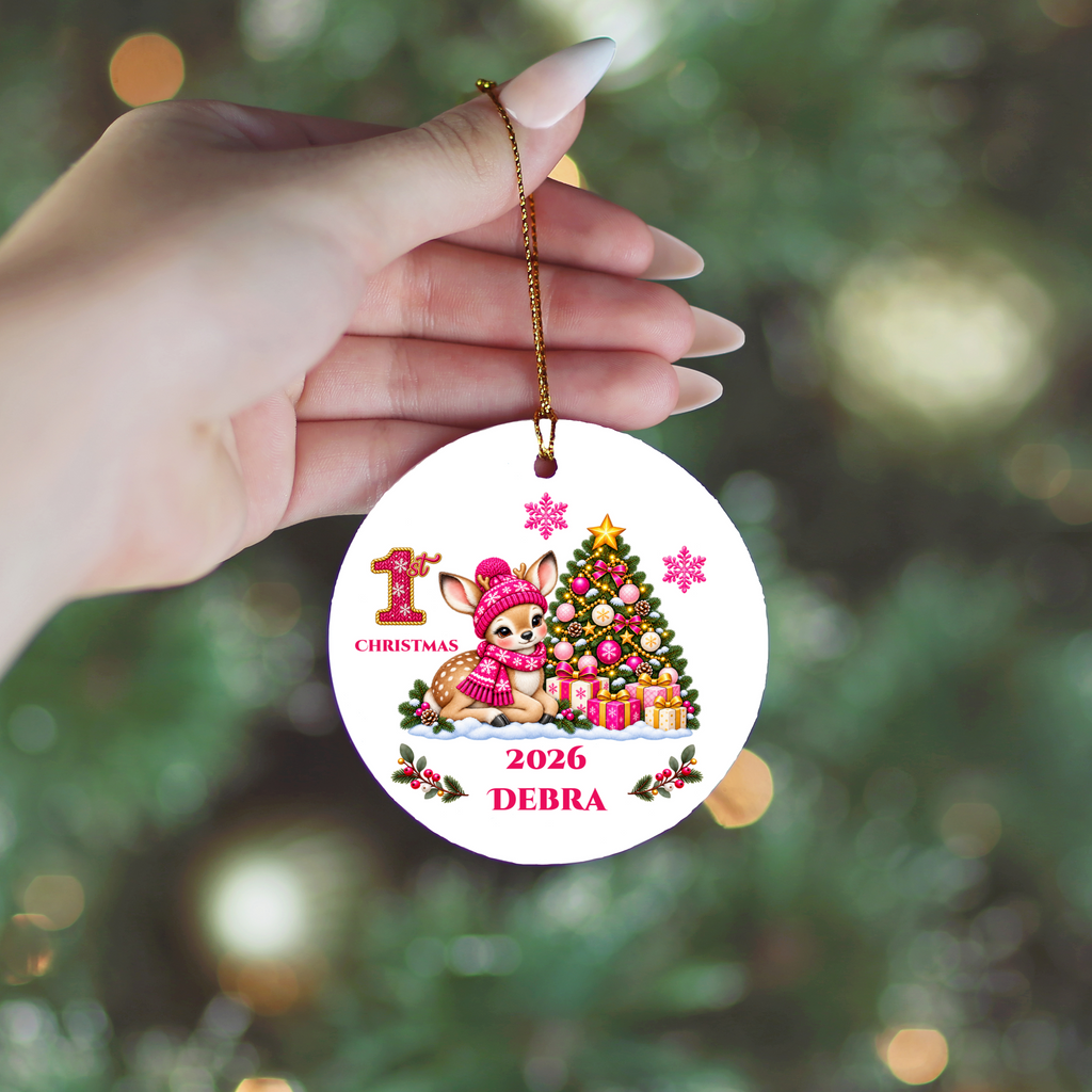 Fawn Baby Personalized Christmas Ornament, Baby's 1st 2nd 3rd Christmas, Custom Name Year Ceramic Keepsake, Boy or Girl Gift