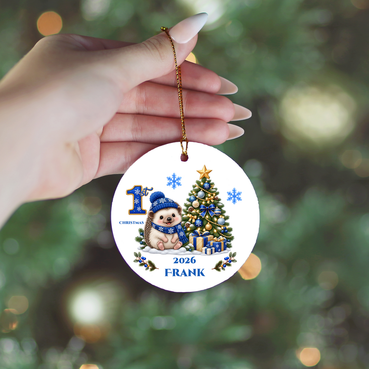 Hedgehog Baby Personalized Christmas Ornament, Baby's 1st 2nd 3rd Christmas, Custom Name Year Ceramic Keepsake