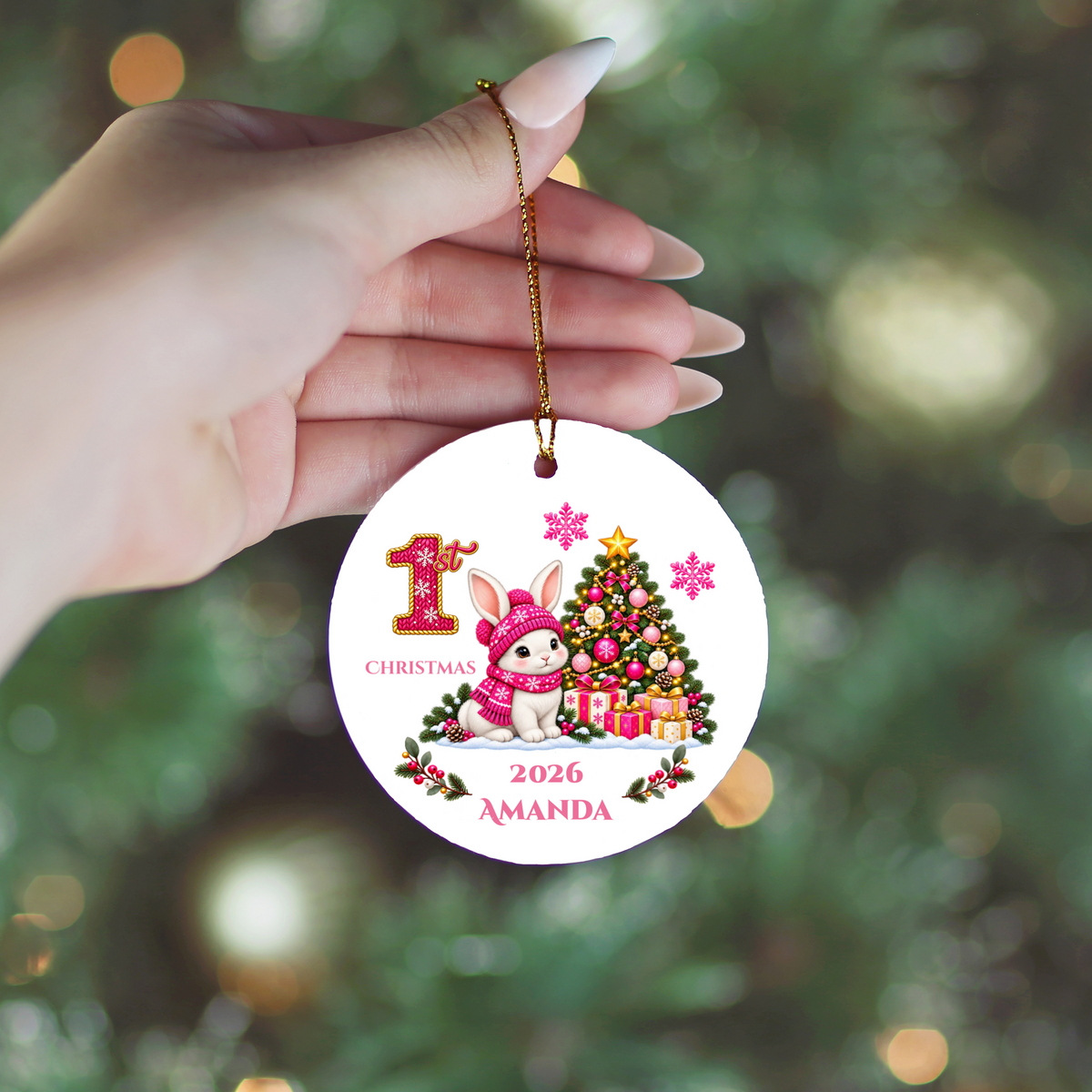 Baby Bunny Personalized Christmas Ornament. Baby's 1st 2nd 3rd Christmas, Custom Name Year Ceramic Keepsake, Girl Gift