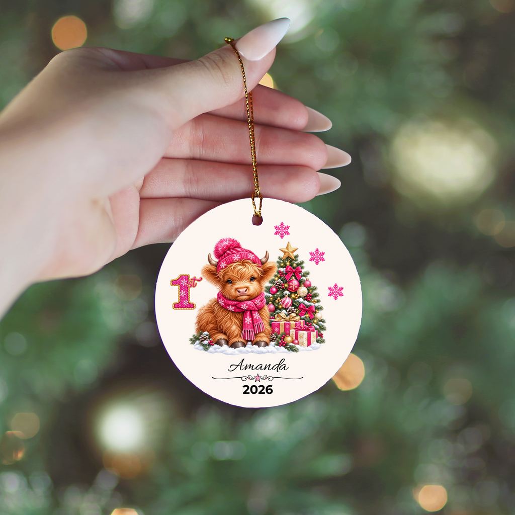 Personalized Christmas Ornament – Pink Girl Highland Cow First, Second, Third Christmas 2026, Custom Name Keepsake, 3 Inch Ceramic Holiday Decor