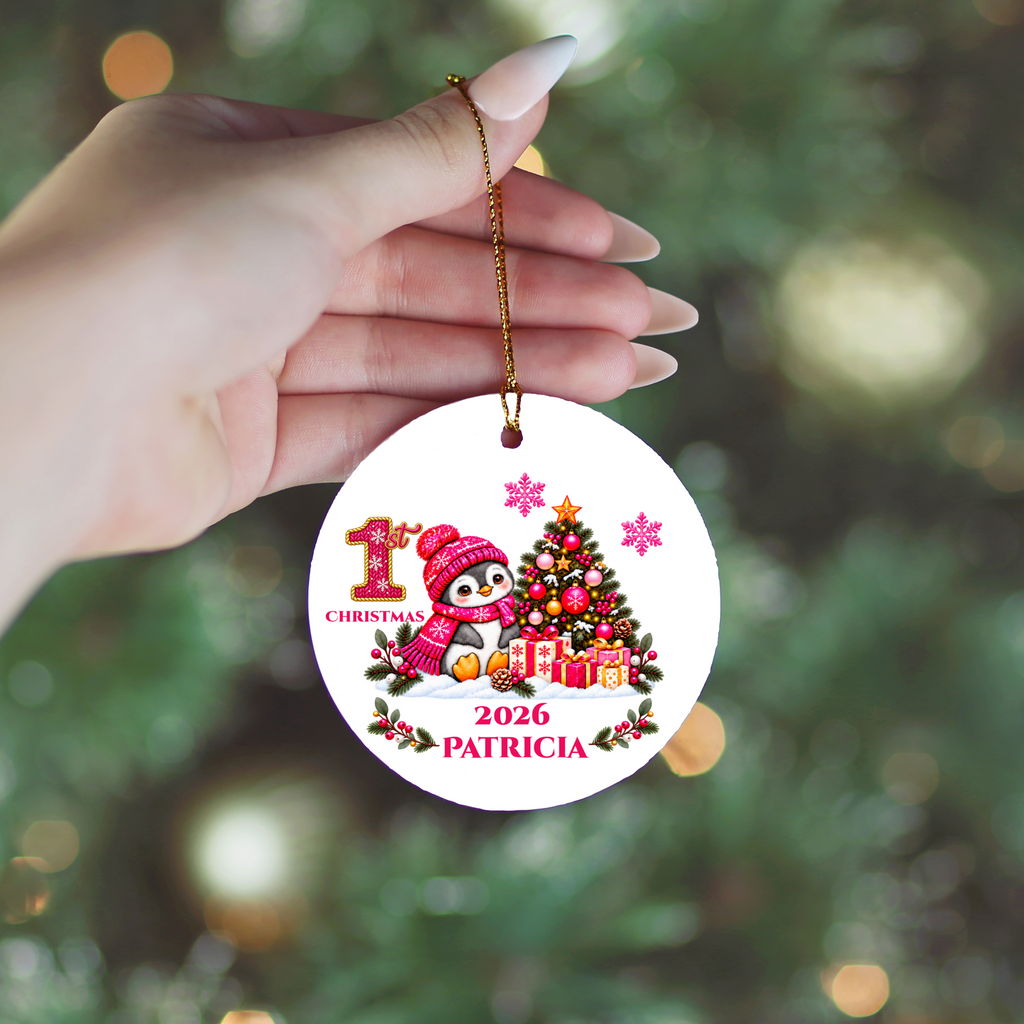 Penguin Baby Personalized Christmas Ornament, Baby's 1st 2nd 3rd Christmas, Custom Name Year Ceramic Keepsake, Boy or Girl Gift