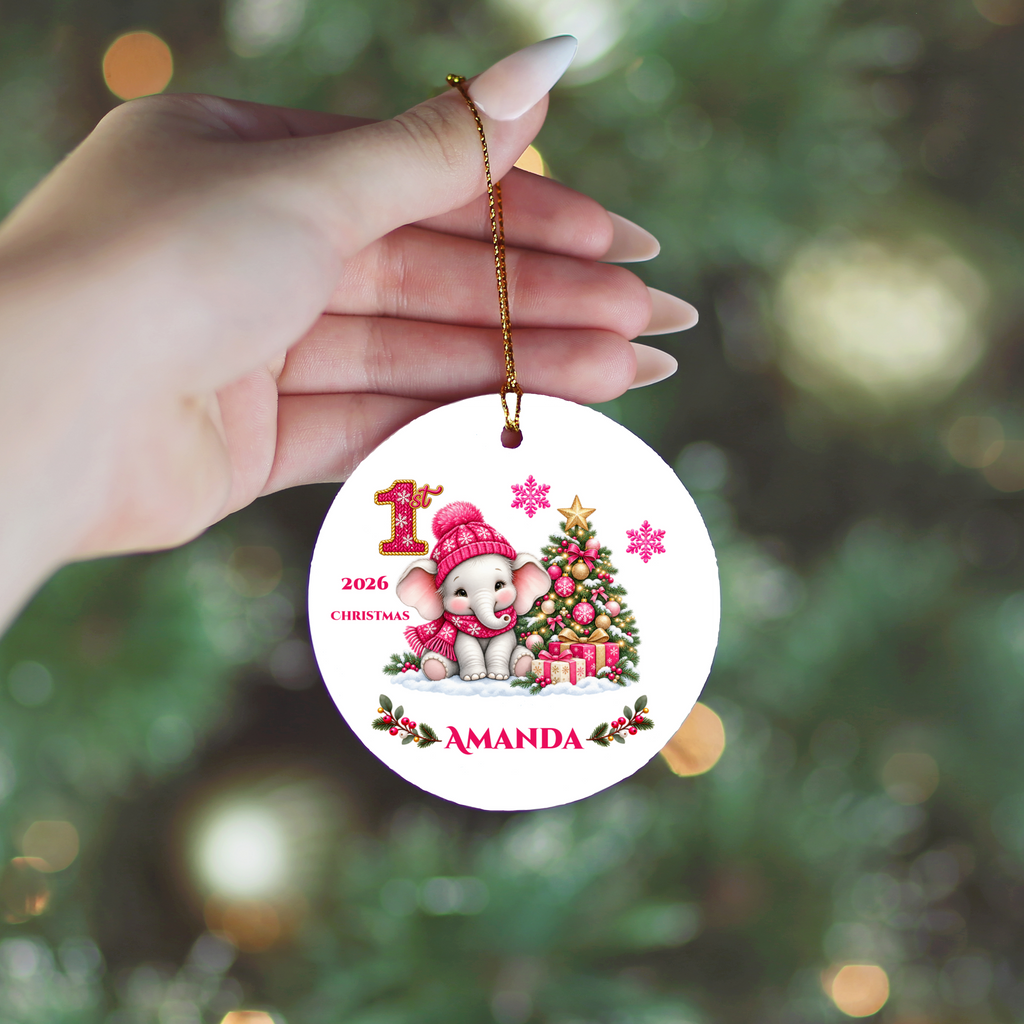 Elephant Baby Personalized Christmas Ornament Pink, Baby's 1st 2nd 3rd Christmas, Custom Name Year Ceramic Keepsake, Girl Gift