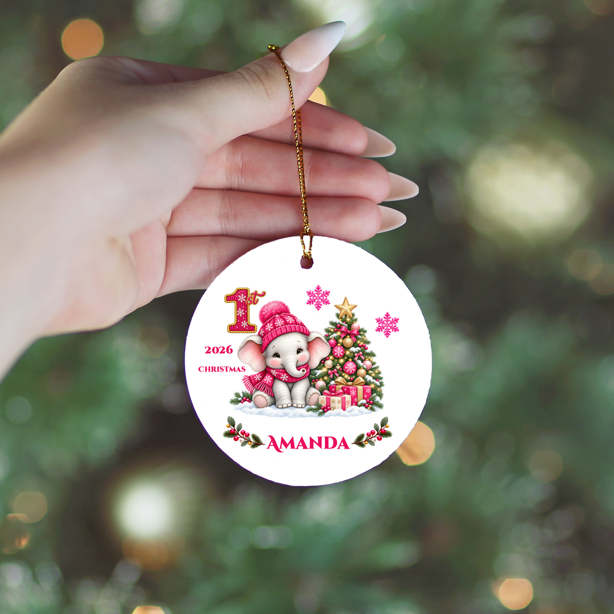 Elephant Baby Personalized Christmas Ornament Pink, Baby's 1st 2nd 3rd Christmas, Custom Name Year Ceramic Keepsake, Girl Gift