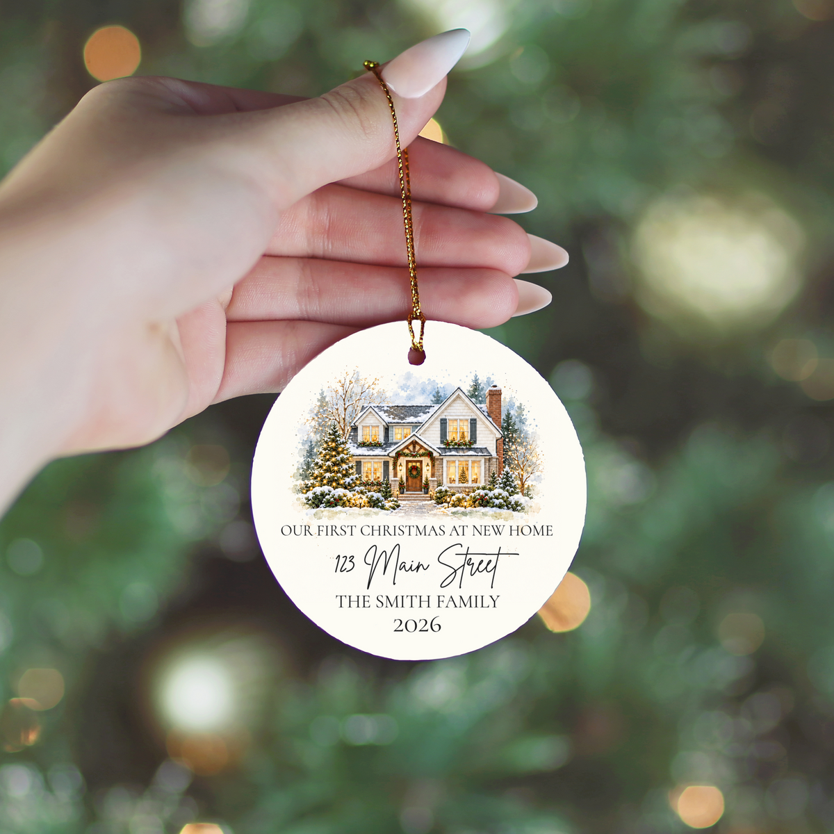 Custom House Photo Christmas Ornament, Personalized First Christmas in New Home, Watercolor House Portrait, Address Family Name Ceramic Gift