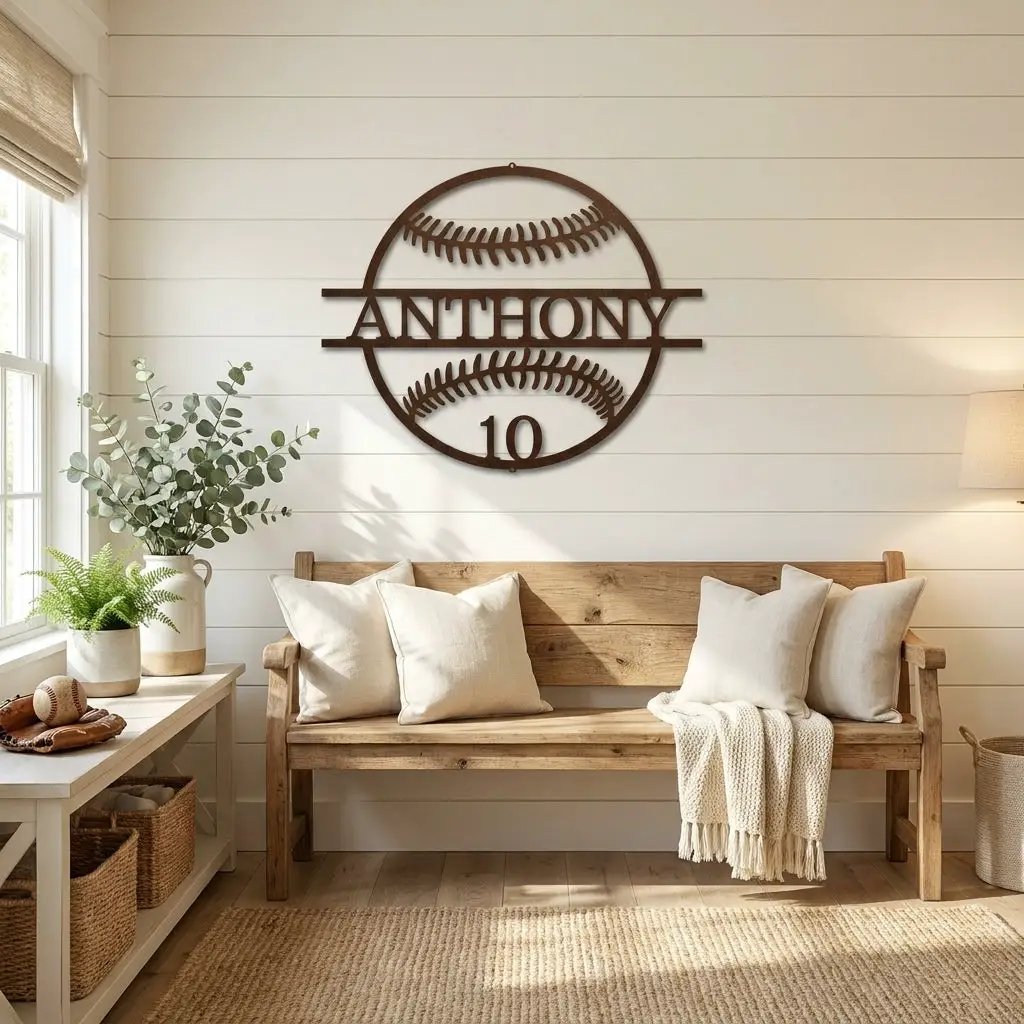 Personalized Baseball Metal Wall Art | Custom Name and Number Baseball Sign | Player Room Decor