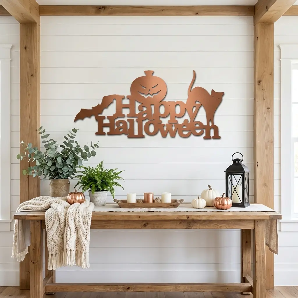 Happy Halloween Metal Wall Art Sign – Pumpkin Bat Cat Halloween Decor – Outdoor Powder Coated Steel Sign – Spooky Farmhouse Porch Decor