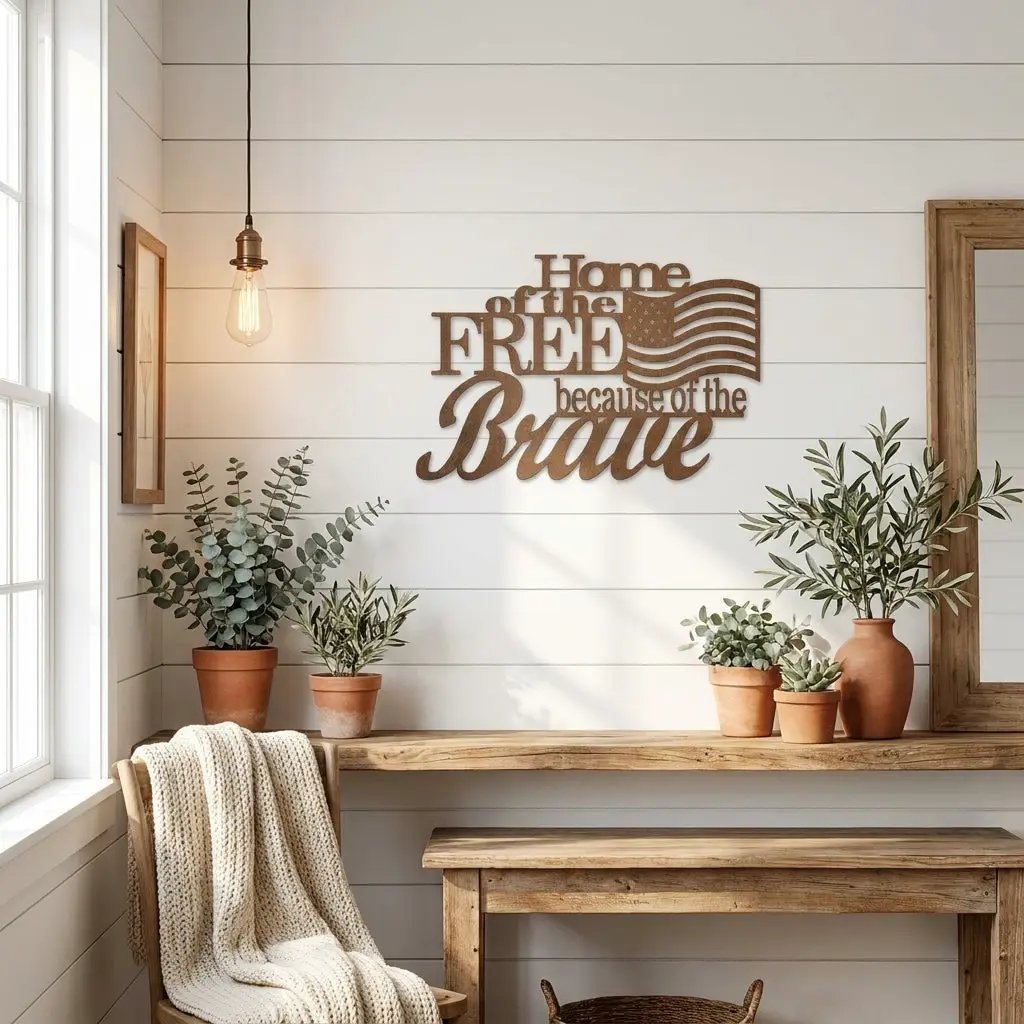 Home of the Free Because of the Brave Metal Wall Art – Patriotic American Flag Sign – Handmade Steel Indoor/Outdoor Décor