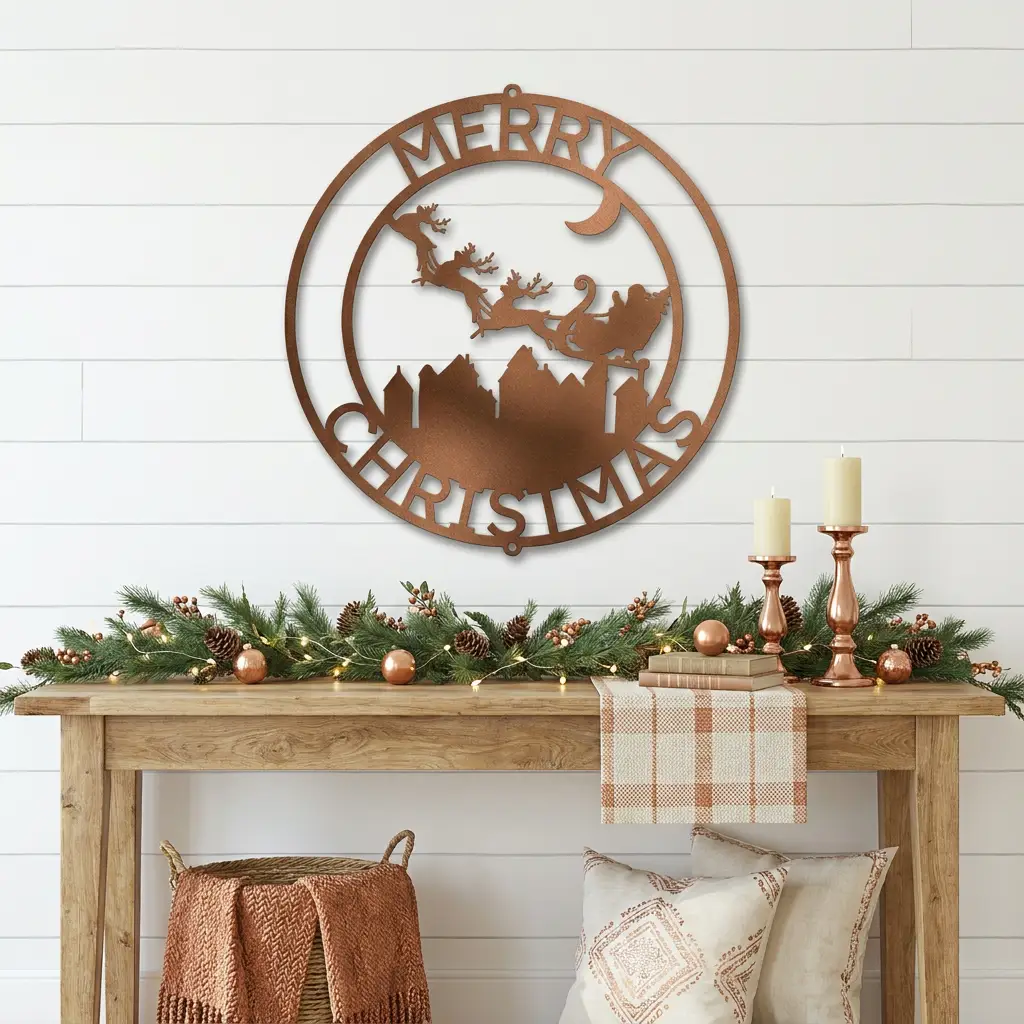 Personalized Santa Sleigh Flying Over Town Metal Wall Art – Custom Family Name Christmas Sign – Holiday Steel Décor (5 Sizes, 5 Colors)