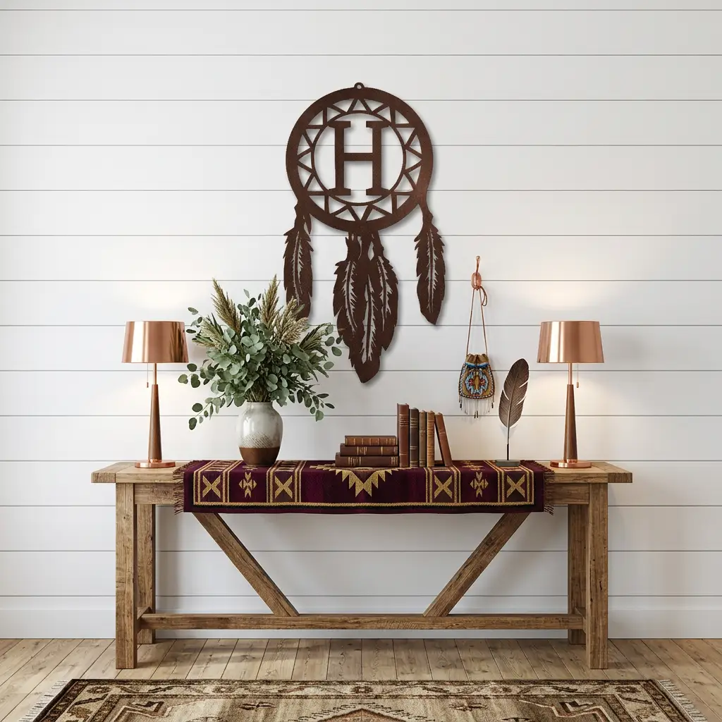Personalized Dreamcatcher Metal Wall Art – Custom Initial Southwestern Feather Décor