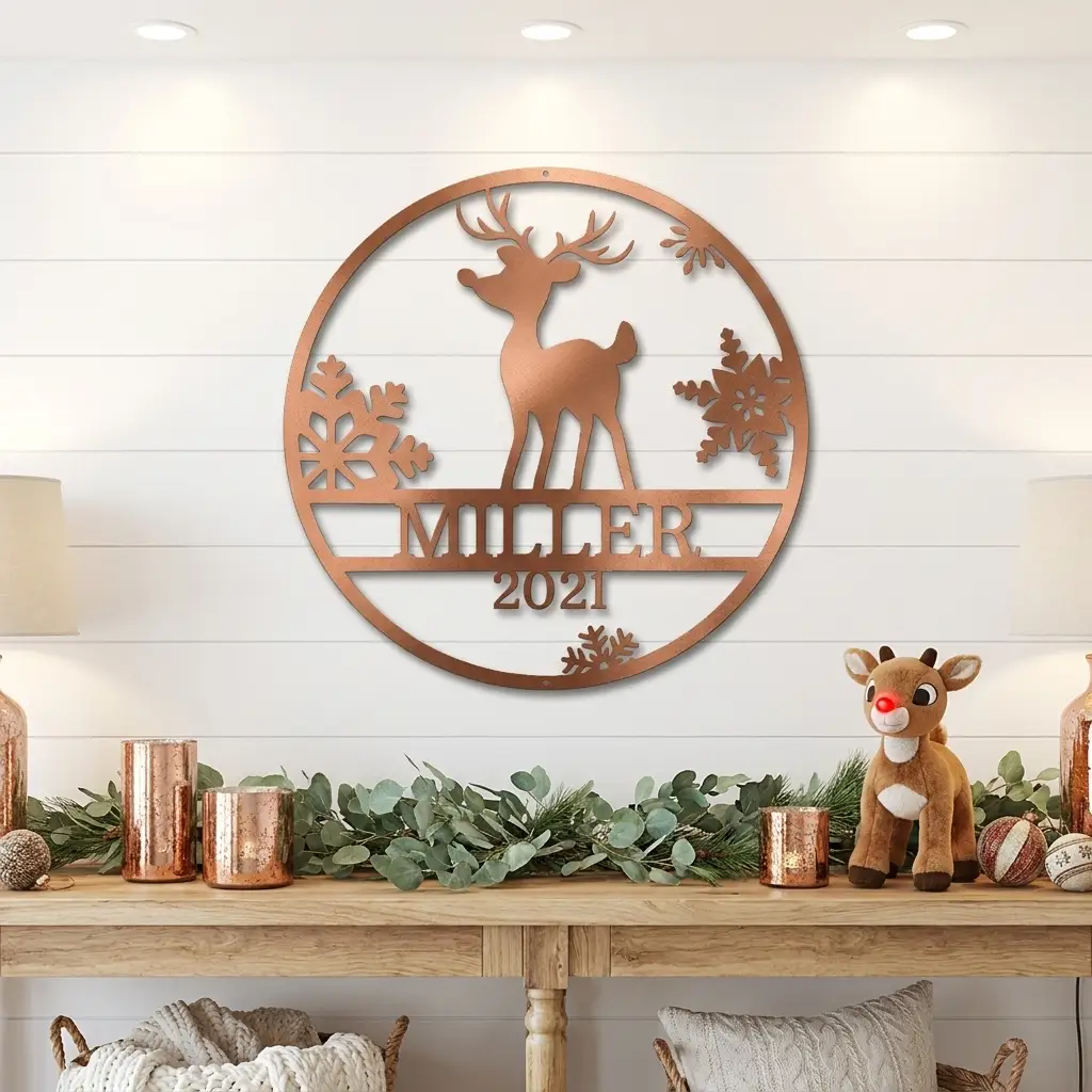 Rudolph Reindeer Christmas Personalized Metal Sign | Custom Family Name & Year Holiday Wall Art | Reindeer Snowflake Metal Decor | Christmas Gift for Family