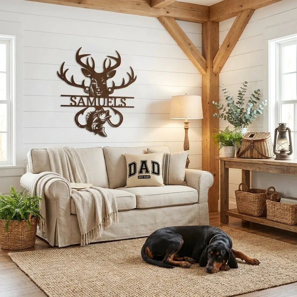 Outdoorsman Custom Metal Wall Art Deer Hunting and Bass Fishing Sign Custom Name Rustic Cabin Decor Hunter Fisherman Gift
