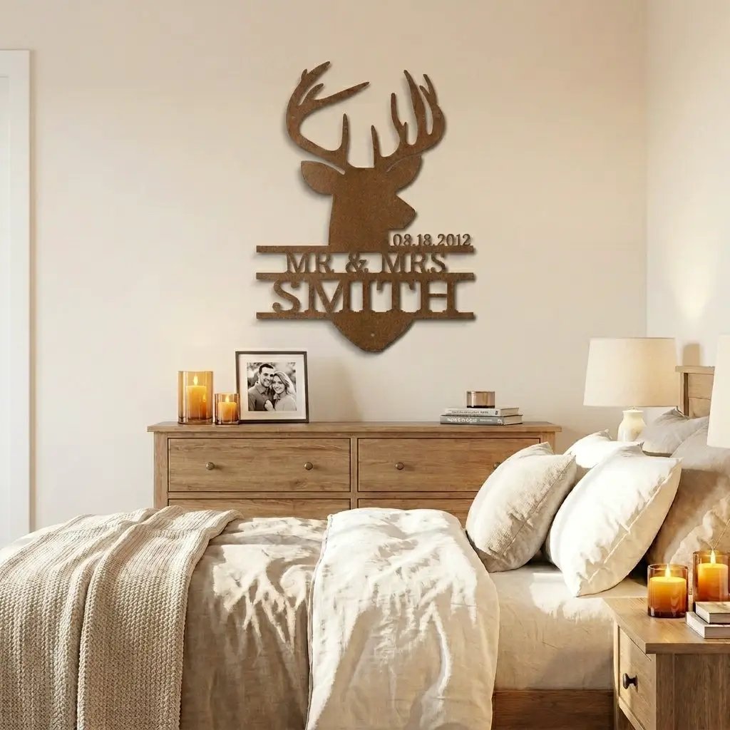 Personalized Deer Head Metal Sign, Mr & Mrs Name Sign, Wedding Gift, Anniversary Gift 25th 50th, Custom Last Name Wall Decor, Rustic Lodge Decor