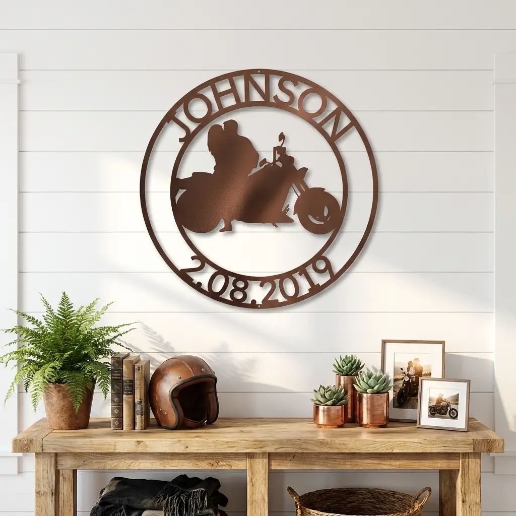 Personalized Motorcycle Couple Metal Wall Art Sign – Custom Names and Date Steel Sign – Biker Wedding Gift – Anniversary Decor – Ride Together Wall Art