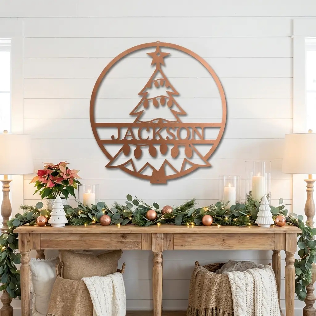 Personalized Christmas Tree Metal Wall Art – Custom Family Name Holiday Sign – Handmade Steel Décor (5 Sizes, 5 Colors)