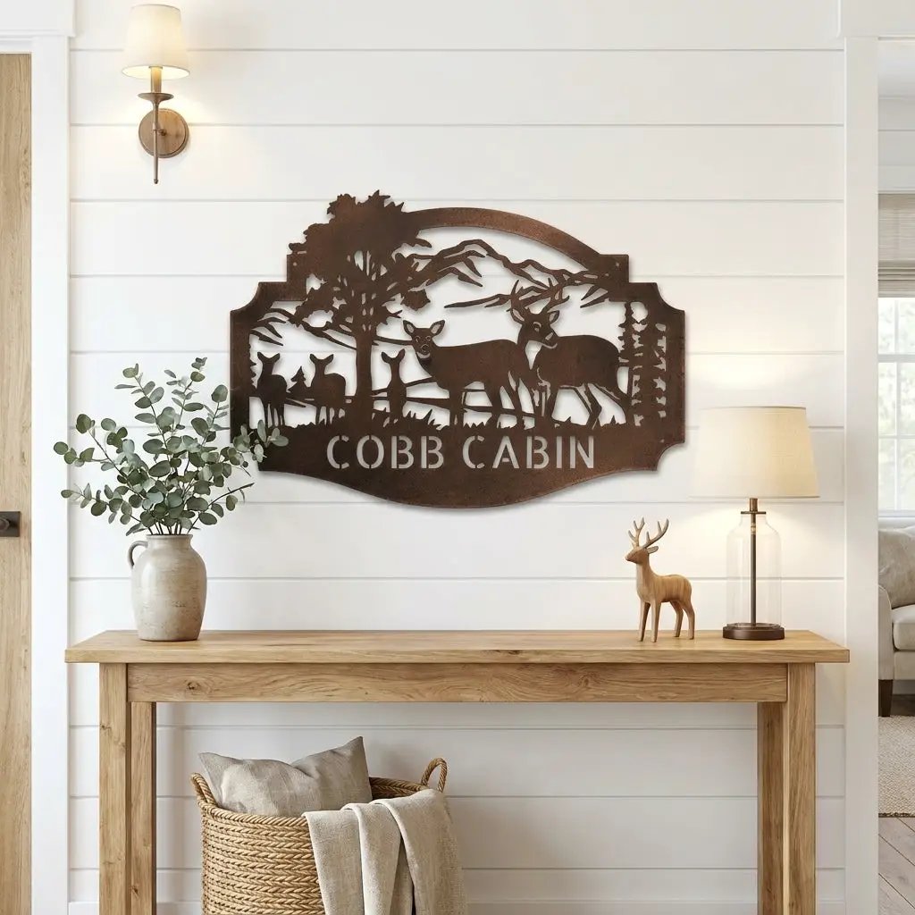 Personalized Deer Cabin Metal Wall Art – Rustic Family Name Sign – Hunting Lodge Decor – Custom Mountain Scene Steel Sign – Cabin Wall Decor Gift