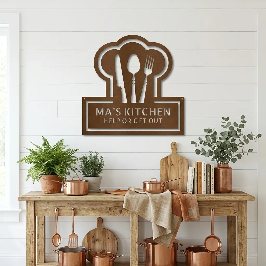 Kitchen Personalized Metal Sign | Custom Chef Hat Wall Decor | Family Name Cooking Sign | Restaurant, Diner, Bistro Art