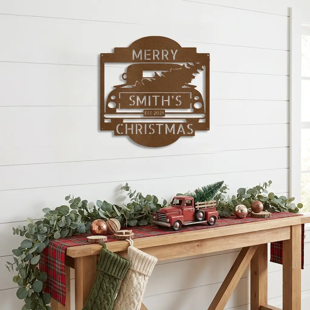 Christmas Truck Personalized Metal Wall Sign | Custom Family Holiday Wall Art | Vintage Truck Christmas Decor | Personalized Name & Year Metal Sign | Made in USA