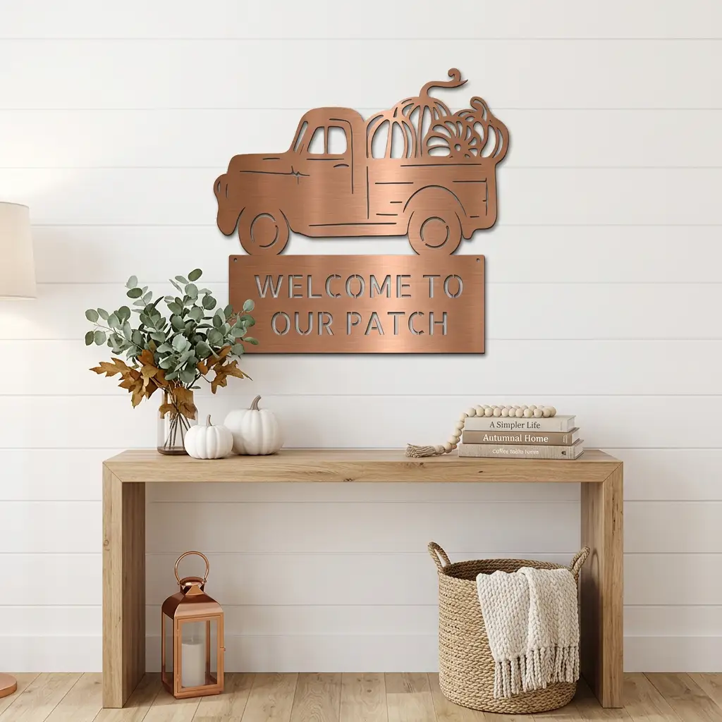 Personalized Vintage Pumpkin Truck Metal Wall Art | Custom Fall Harvest Sign | Farmhouse Autumn Decor | Welcome Pumpkin Patch Sign | Rustic Thanksgiving Wall Decor | Made in USA