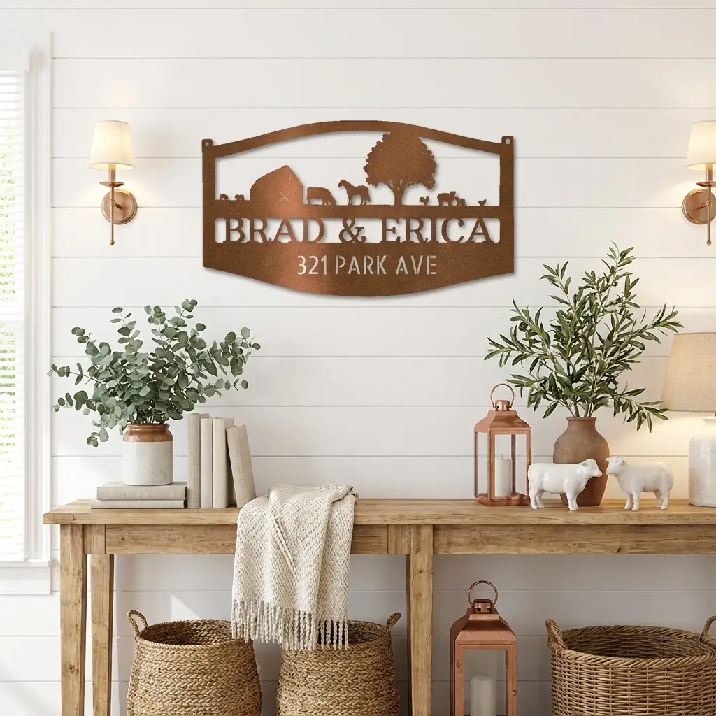 Farm Scene Custom Name Indoor Outdoor Monogram Steel Wall Sign