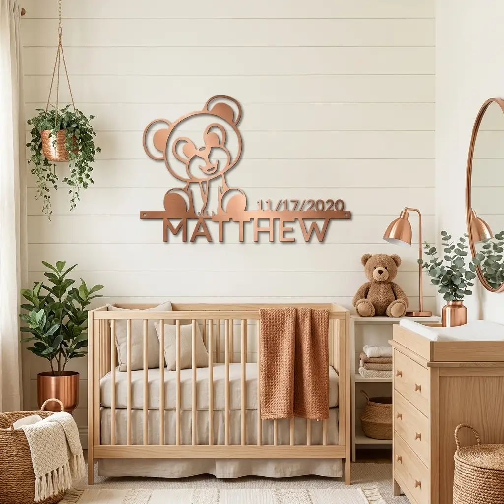 Personalized Teddy Bear Nursery Metal Wall Art – Custom Baby Name Sign with Birth Date – Nursery Decor – Baby Shower Gift