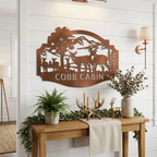 Personalized Deer Cabin Metal Wall Art – Rustic Family Name Sign – Hunting Lodge Decor – Custom Mountain Scene Steel Sign – Cabin Wall Decor Gift